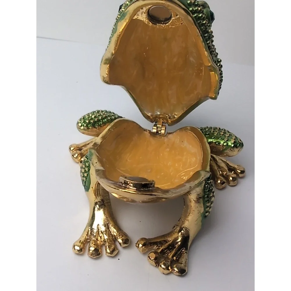 Hinged Keren Kopal Style Gold Tone Frog Trinket Box Rhinestones Green Eyes Vintg